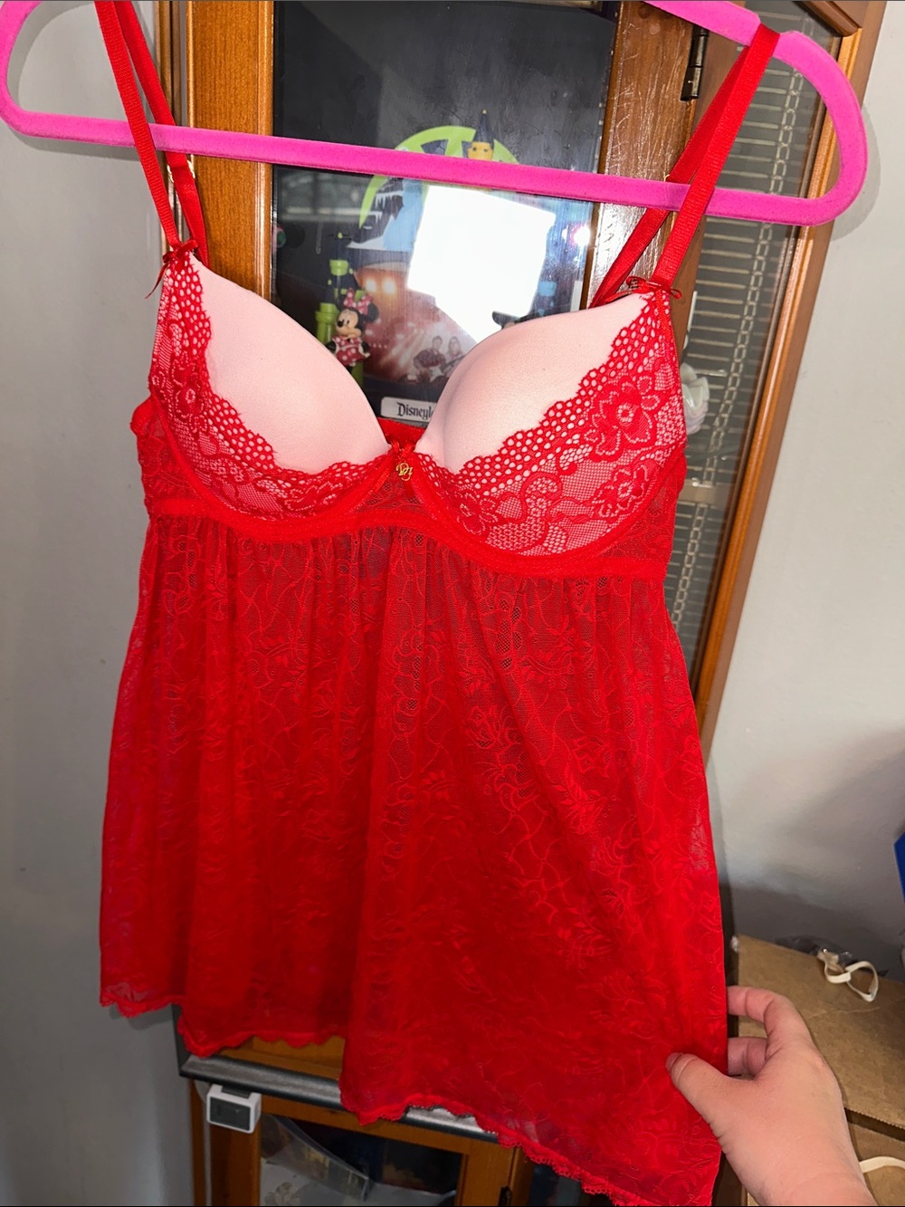 Daisy Fuentes Red Lace Babydoll Chemise with Pink Cups